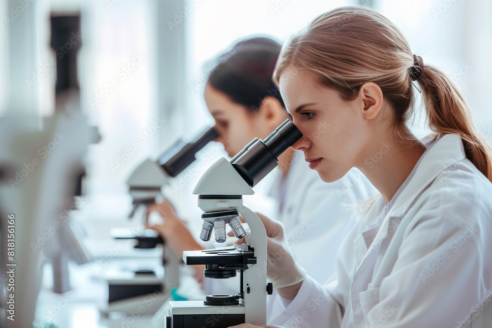 side view of female scientist in lab coat working in medical science laboratory using microscope side view of female scientist in lab coat working in medical science laboratory using microscope