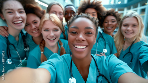 close up of Multi-ethnic group of happy nurses and physician students taking selfie photo at medical hospital university © Renata Hamuda