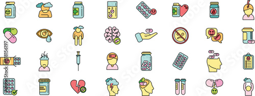 Antidepressant icons set outline vector. Family health. Sad mental thin line color flat on white