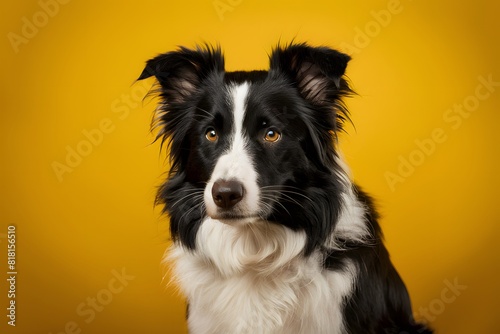 Border Collie with amber eyes on vibrant yellow background, intense gaze Striking contrast