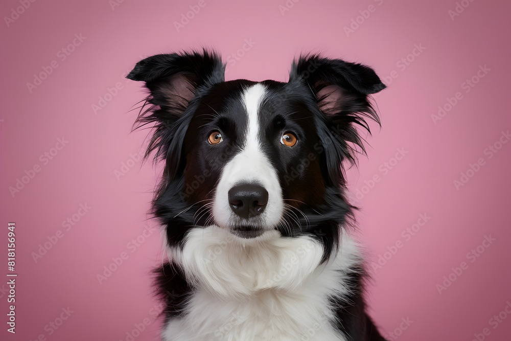 Eyes and nose of attentive Border Collie standout against soft pink background