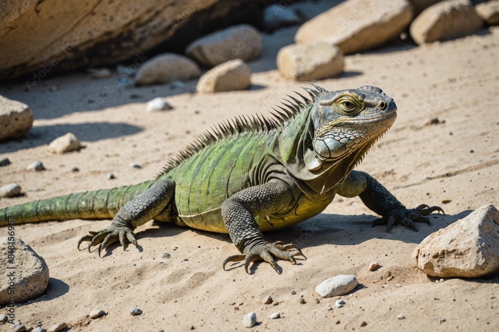 High angle of wild iguana crawling on sandy ground with rocks in daylight High angle of wild iguana crawling on sandy ground with rocks in daylight
