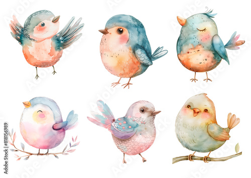 Watercolor Illustration of Birds. Set. photo