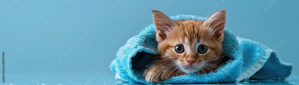 Cute kitten wrapped in a blue towel after a bath, set against a blue background, highlighting grooming salon services and pet treatment goods Cute kitten wrapped in a blue towel after a bath, set against a blue background, highlighting grooming salon services and pet treatment goods