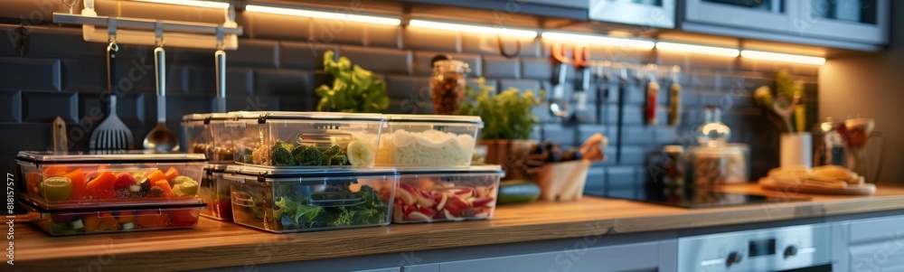 Many containers of food on a counter in a kitchen, food background Many containers of food on a counter in a kitchen, food background
