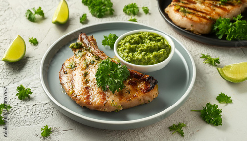 Grilled pork chops with salsa verde sauce on light table. Tasty meat dish. Delicious food for dinner