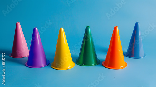 Rainbow Road traffic cone. Rainbow pylon gay LGBT rights colored Icon at blue Background. Illustration.