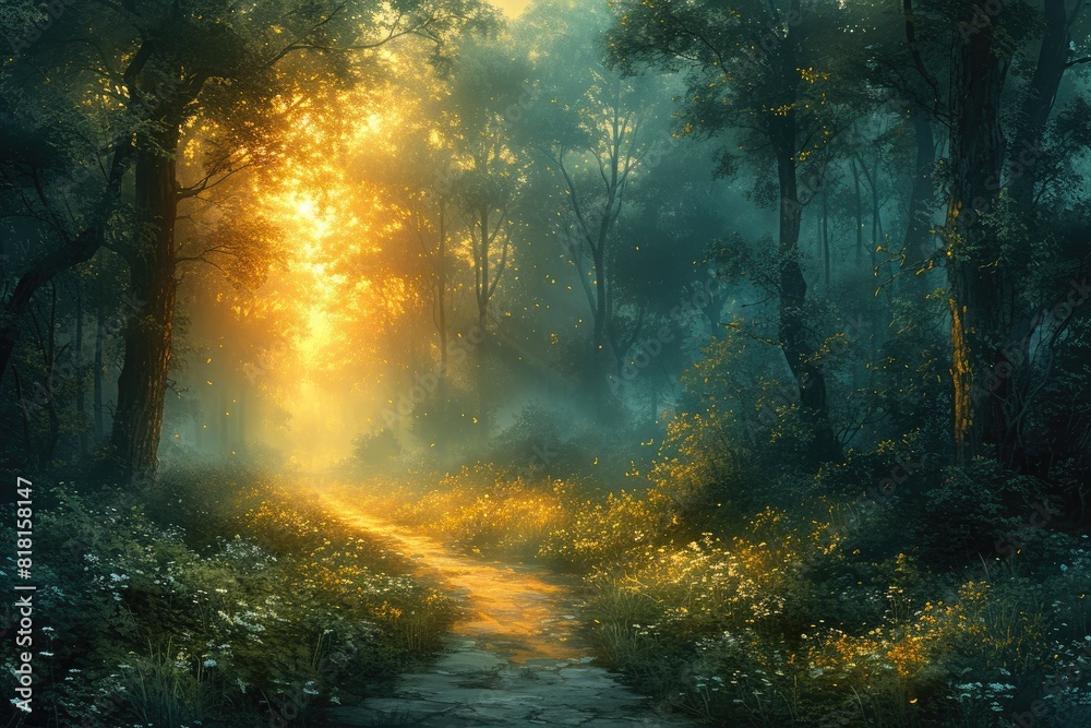 Obraz premium Ethereal Sunrise: Enchanted Forest Path