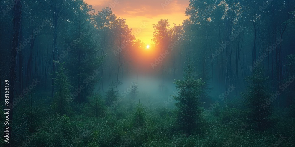 Obraz premium Nature's Awakening: Sunrise in the Enchanted Woods