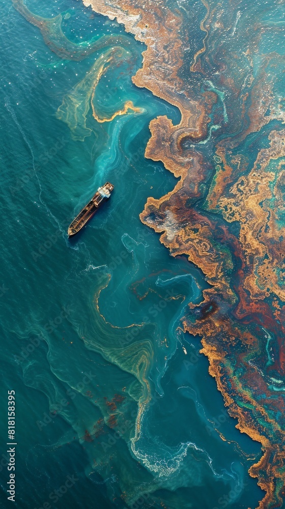A boat is floating in the ocean next to a large, oil spill A boat is floating in the ocean next to a large, oil spill