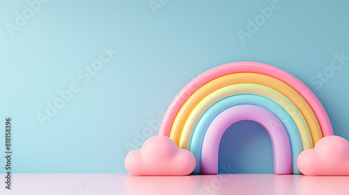 Rainbow Colorful 3D Render on White Background. Rainbow Colorful 3D Render Arches Balance on pink Background. Round stage step podiums with rainbow on pastel blue background. Pedestal for kid product.