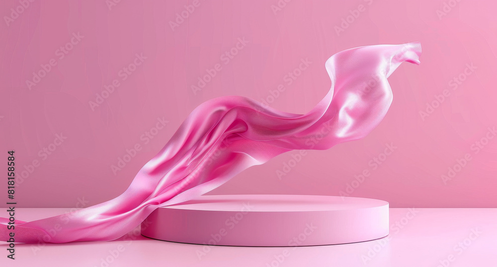 3D render, abstract background with podium and flying pink silk cloth in motion on pastel color backdrop. Mock up for presentation of cosmetic product, empty space mockup 3D render, abstract background with podium and flying pink silk cloth in motion on pastel color backdrop. Mock up for presentation of cosmetic product, empty space mockup