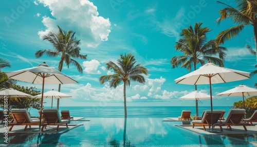 Luxurious beach resort with swimming pool  beach chairs  palm trees  and ocean view