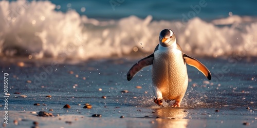 Penguin's Coastal Promenade: Sand and Sea Symphony