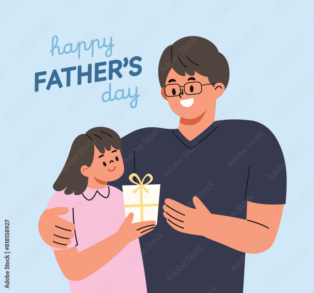 Father's Day, daughter gives a gift to dad. Happy family. Flat cartoon style vector illustration Father's Day, daughter gives a gift to dad. Happy family. Flat cartoon style vector illustration
