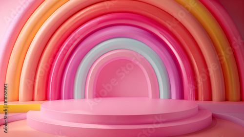 Rainbow Colorful 3D Render on White Background. Rainbow Colorful 3D Render Arches Balance on pink Background. Round stage step podiums with rainbow on pastel blue background. Pedestal for kid product.