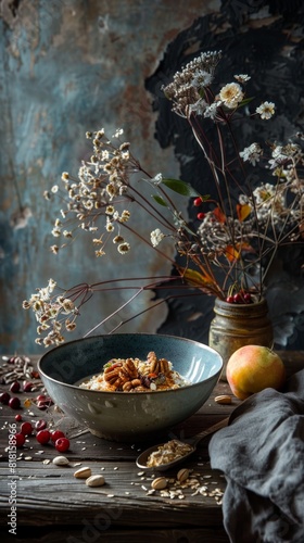 Bowl of oatmeal with nuts and apples on a table. Food background 
