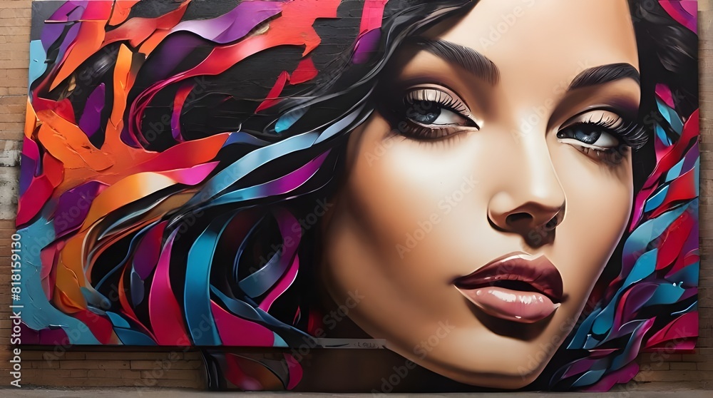 Elegantly Striking Street Art Mural of a Woman's Face with Vibrant Colors and Exquisite Detail

