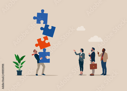 Businessman hold of stack of unstable puzzle. Flat vector illustration