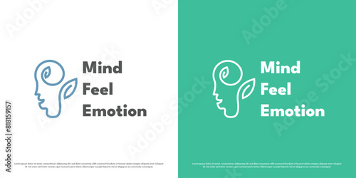 Head mind logo design illustration. Silhouette mindful feeling thought share counseling care help support mental health brain cerebral emotion face. Mint leaf minimal simple icon symbol.