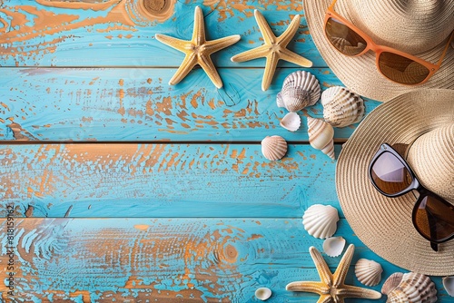 Banner space for text: A serene summer sea backdrop adorned with starfish, shells, and a wooden surface, featuring a collection of vintage postcards and seashells: High-quality 8k, --ar 3:2 Job ID: 8b photo