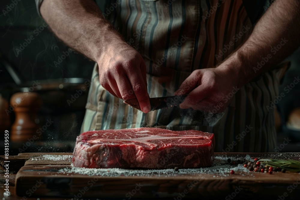 Skilled butcher expertly showcasing craft with precision, handling succulent marbled raw beef steak