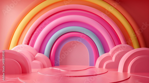 Rainbow Colorful 3D Render on White Background. Rainbow Colorful 3D Render Arches Balance on pink Background. Round stage step podiums with rainbow on pastel blue background. Pedestal for kid product.