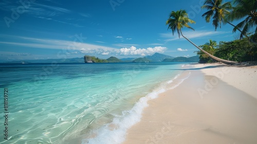 Beach Paradise: A picturesque tropical beach with white sandy shores, clear turquoise waters, and palm trees swaying in the breeze. The idyllic setting evokes a sense of relaxation and escape.