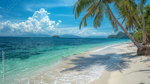 Beach Paradise  A picturesque tropical beach with white sandy shores  clear turquoise waters  and palm trees swaying in the breeze. The idyllic setting evokes a sense of relaxation and escape.