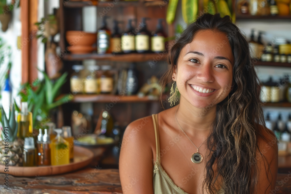 A Hispanic woman embracing her heritage through natural cosmetics, incorporating ingredients like aloe vera and coconut oil into her skincare line, rooted in the traditional remedies passed down