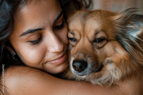 A Hispanic young woman embraces her dog while practicing yoga at home, experiencing the benefits of dog therapy for mental health. Their shared moment of affection during the yoga session reflects the © AI_images_for_people