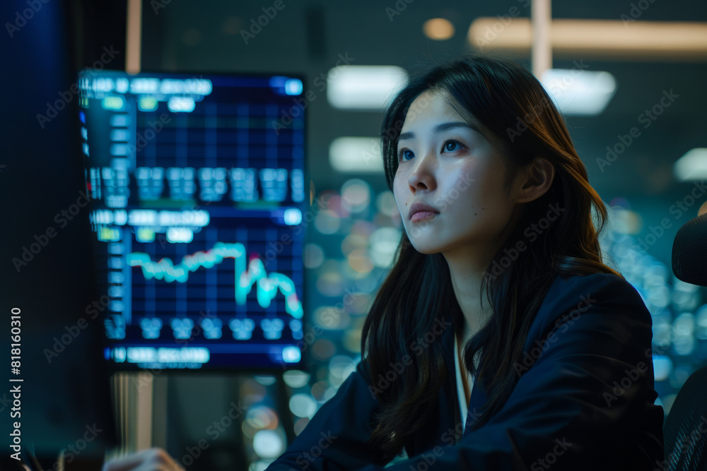 A Japanese female executive, sitting in a modern boardroom, meticulously analyzing financial data on a high-tech display, with focused determination. A Japanese female executive, sitting in a modern boardroom, meticulously analyzing financial data on a high-tech display, with focused determination.