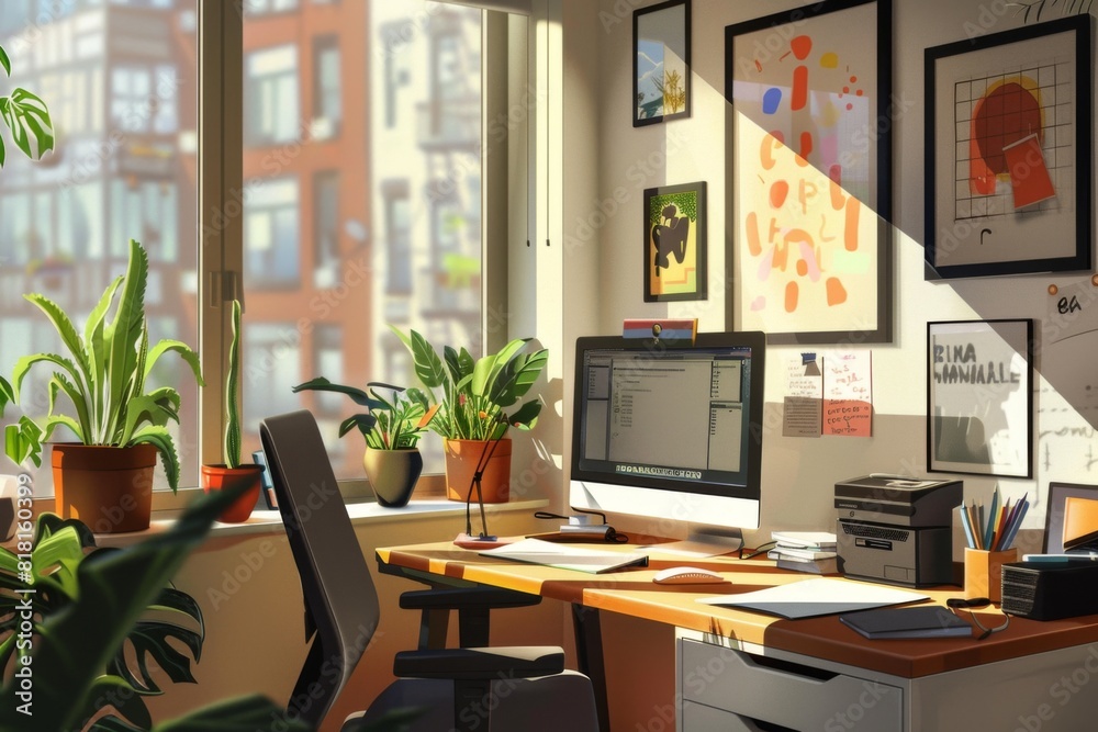 computer desk with a monitor and a printer computer desk with a monitor and a printer
