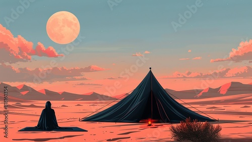 A minimalist illustration of Moses  meeting tent in the desert  created with simple shapes and subtle details to convey the spiritual significance and historical importance of the place 