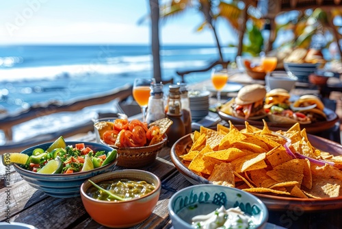 Beach Bar Snacks: A variety of beach bar snacks, including nachos, sliders, and dips, on a table with the ocean view in the background. 