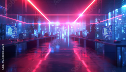 A neon lit room with a long hallway with many computer monitors by AI generated image