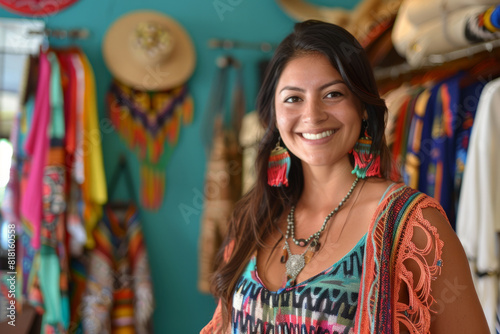 A Latina fashionista infusing her clothing store with colorful and eclectic pieces inspired by her Latin heritage, embracing bold patterns, vibrant hues, and playful silhouettes that reflect the joy