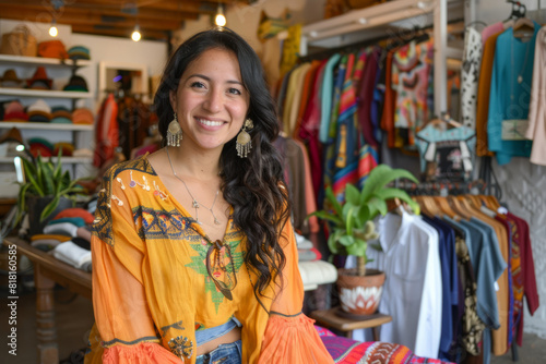 A Latina fashionista infusing her clothing store with colorful and eclectic pieces inspired by her Latin heritage, embracing bold patterns, vibrant hues, and playful silhouettes that reflect the joy