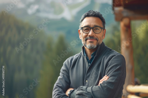 A Latino CEO, hosting a corporate retreat in a picturesque mountain lodge, fostering team bonding and strategic alignment amidst breathtaking natural scenery, his charismatic leadership inspiring photo