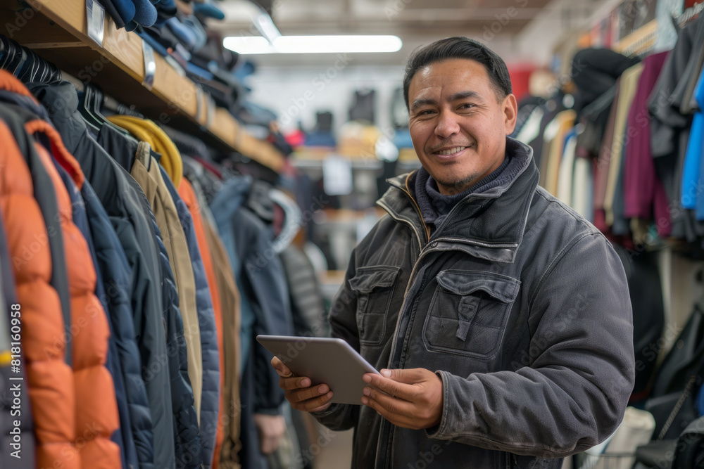 A Latino seller stands in the showroom, skillfully utilizing a digital tablet amidst racks of clothes. His friendly demeanor and technological savvy make him a valuable asset in assisting customers