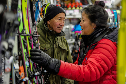 A Latino man and woman inspect various sports equipment, focusing on skis and boots for skiing in the shop. Their enthusiasm for the activity shines through as they carefully consider each item,