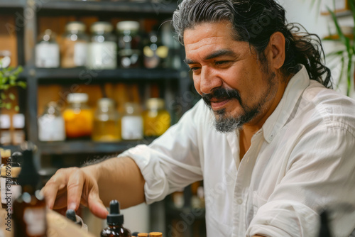 A Latino man with a passion for natural beauty, using his expertise in herbalism and botany to formulate organic cosmetics that reflect the vibrant colors and fragrances of his Latin American heritage photo