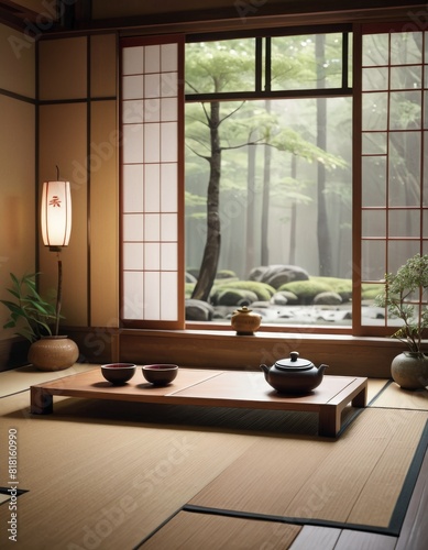A serene traditional Japanese tea room with a low wooden table, tea set, tatami mat flooring, and a calming view of a foggy garden through sliding shoji doors.