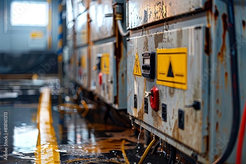 Banner space for text: Close-up of waterlogged electrical panels in a basement being cleaned up, with caution signs and safety equipment visible. Concept Flooded Basement, Water Damage. 