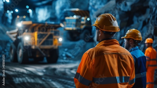 A miner looks at a giant mining truck in an underground mine. photo