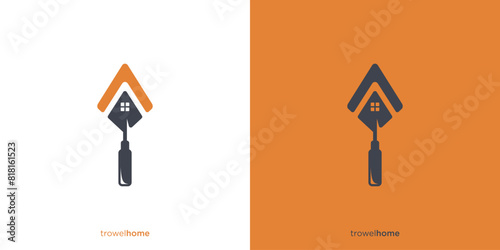 Simple Trowel and Home Logo Design. Cement Scoop and House, Roof Graphic. Brickwork for a Construction or Repair Logo, Icon, Symbol, Vector, Design Template.