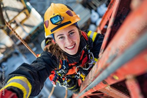 A woman firefighter participating in a high-angle rescue operation, her agility and fearlessness essential as she ascends a towering structure to reach and rescue a stranded individual, her