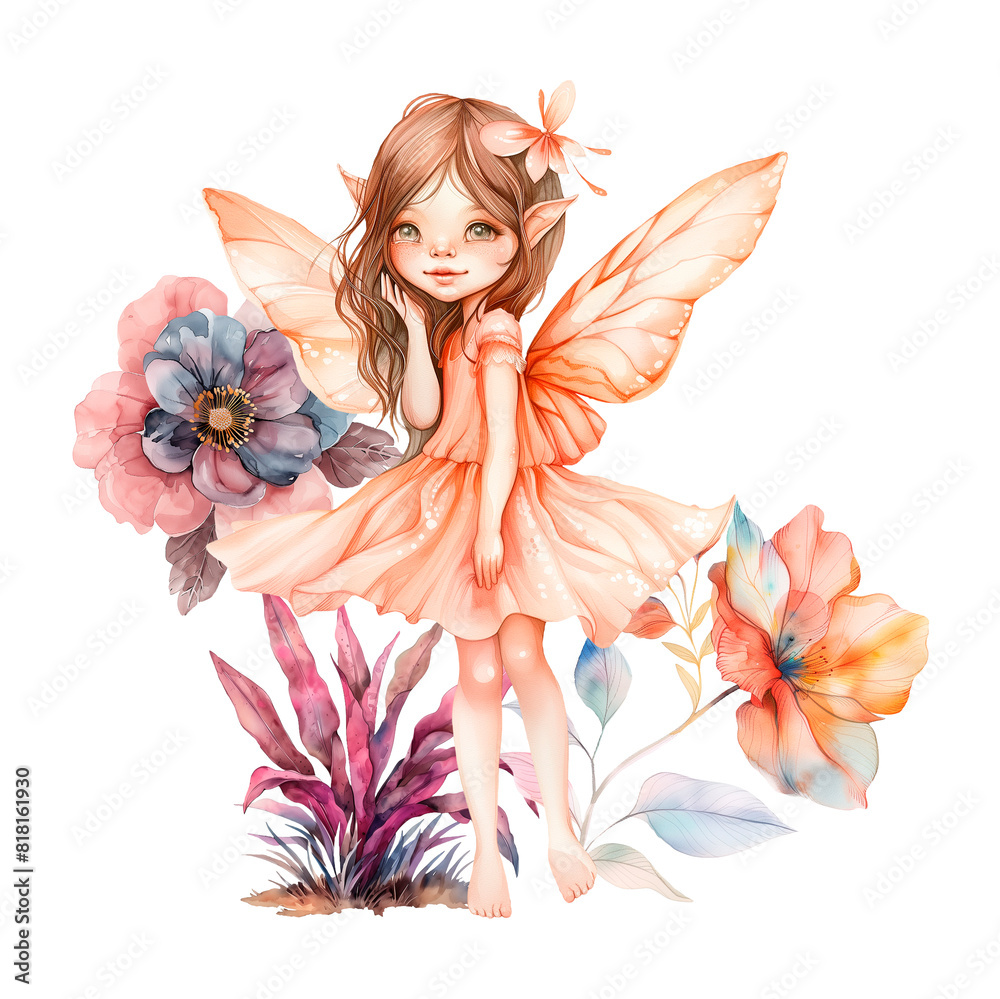 Watercolor Illustration of Fairy and Flowers.