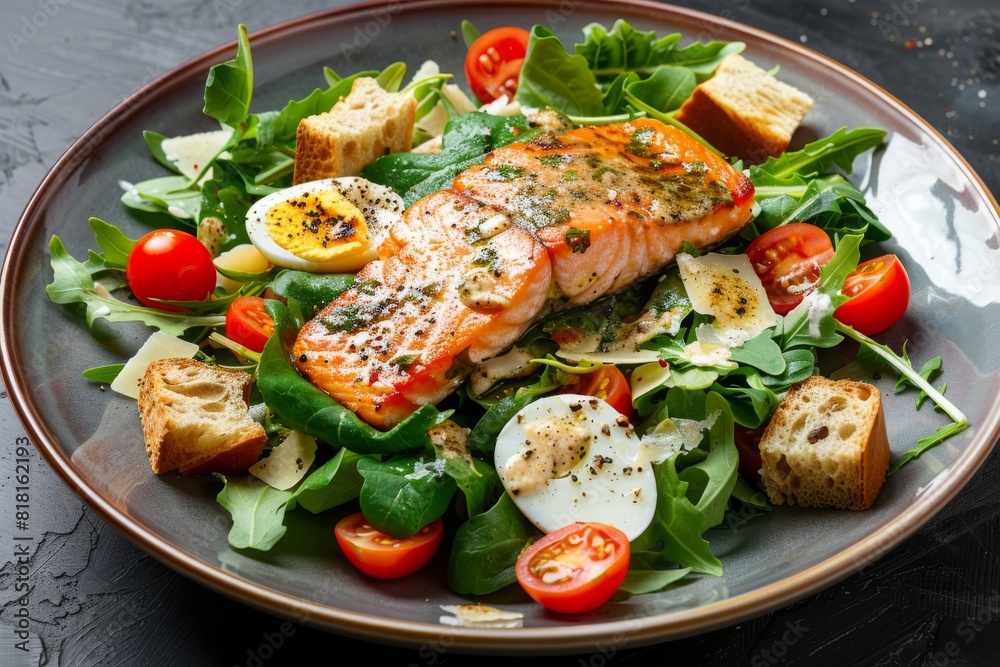 Caesar Salad with Grilled Salmon, Red Fish Fillet Salat, Quail Egg, Mini Baguette Crackers Caesar Salad with Grilled Salmon, Red Fish Fillet Salat, Quail Egg, Mini Baguette Crackers