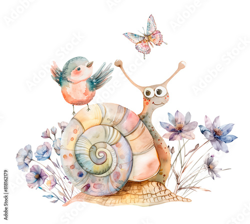 Watercolor Illustration of Snail and Bird.